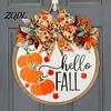 Harvest Festival Decor Hello Fall Door Hanger, Wooden Pumpkin Welcome Sign with Bow, Solid Wood Home Rustic Autumn Wreath for Thanksgiving Front Porch