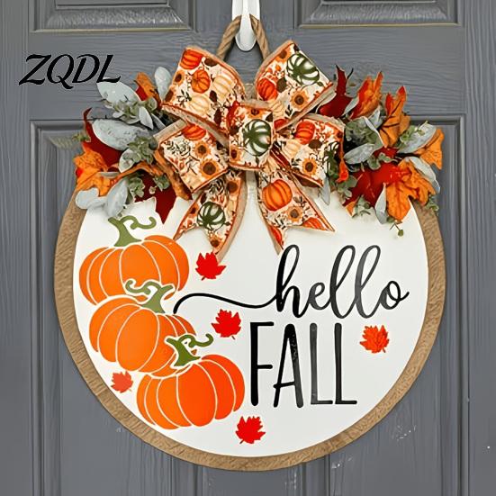 Harvest Festival Decor Hello Fall Door Hanger, Wooden Pumpkin Welcome Sign with Bow, Solid Wood Home Rustic Autumn Wreath for Thanksgiving Front Porch