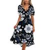 Women's Casual V Neck Short Sleeve Floral Print Midi Dress Wrap Style Lightweight Summer Dress with Tie Waist