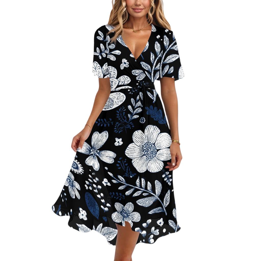 Women's Casual V Neck Short Sleeve Floral Print Midi Dress Wrap Style Lightweight Summer Dress with Tie Waist