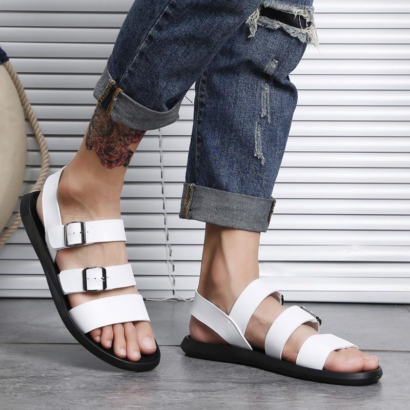2024 Men's White Leather Open Toe Sandals: Trendy, Breathable, Non-Slip, Rivet Design, Summer Youth Style