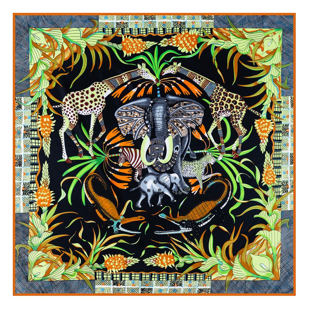 Manual Hand Rolled Twill Silk Scarf Women Timpani Print Square Scarves Echarpes Curled Foulards Femme Wrap Bandana Hijab 90CM