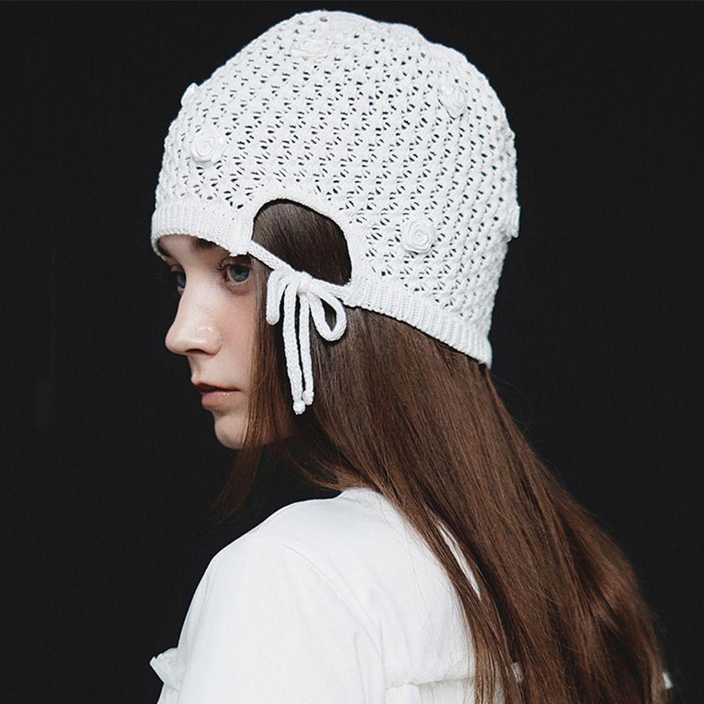 Hollowed Out Knitted Hat Casual Sun Visor Breathable Beret Cap  for Women