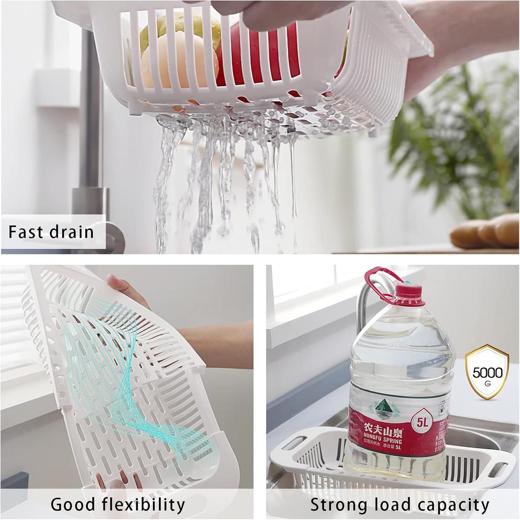 Extendable Over the Sink Colander Fruits and Vegetables Drain Basket Adjustable Strainer Sink Washing Basket for Kitchen
