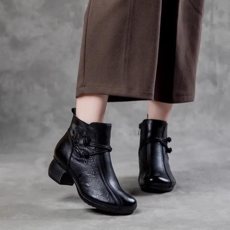 Bomullssko 2025 høst og vinter korte støvletter retro mor mykt skinn komfortable middelaldrende og eldre dansesko middels hæl fløyelsskinn w