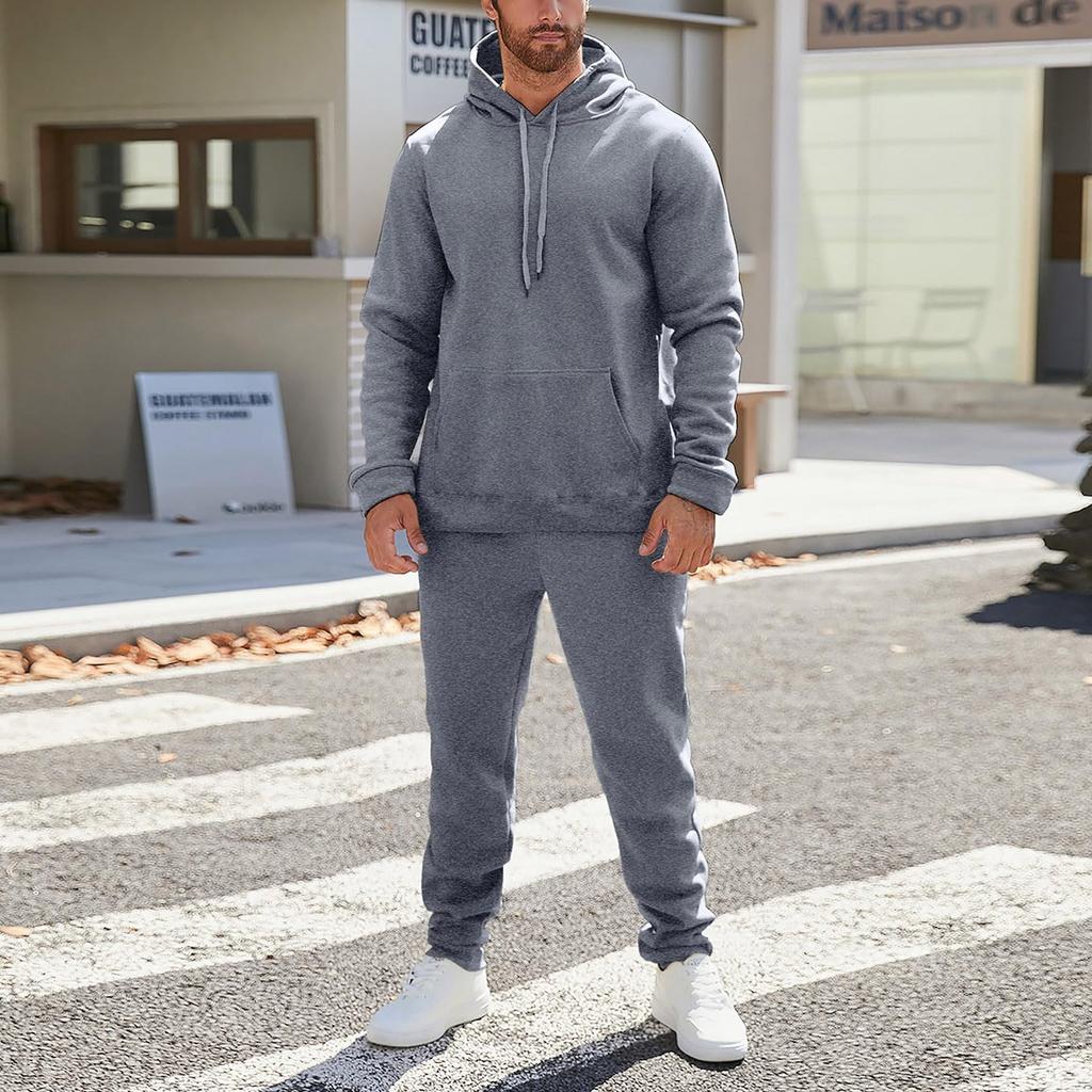 Men's And Women's Solid-color Casual Set. Men's Long-sleeved Hooded, Fleece And Thickened Sweatshirt And Pants Two-piece Set