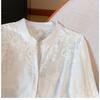 Women Stand Collar Hollow Floral Embroidery Puff Three Quarter Sleeve Cotton Button Down Blouse