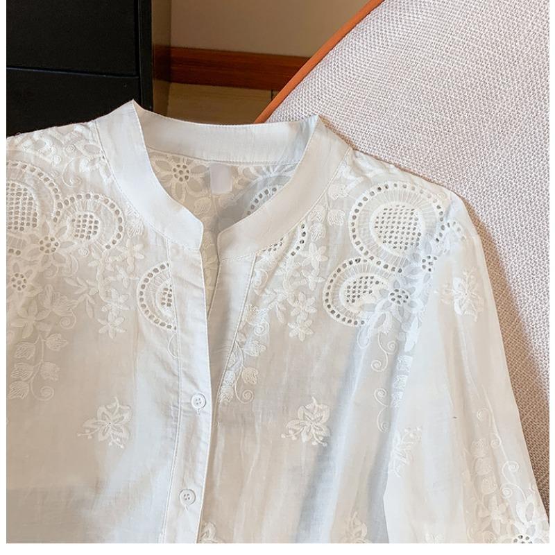 Women Stand Collar Hollow Floral Embroidery Puff Three Quarter Sleeve Cotton Button Down Blouse
