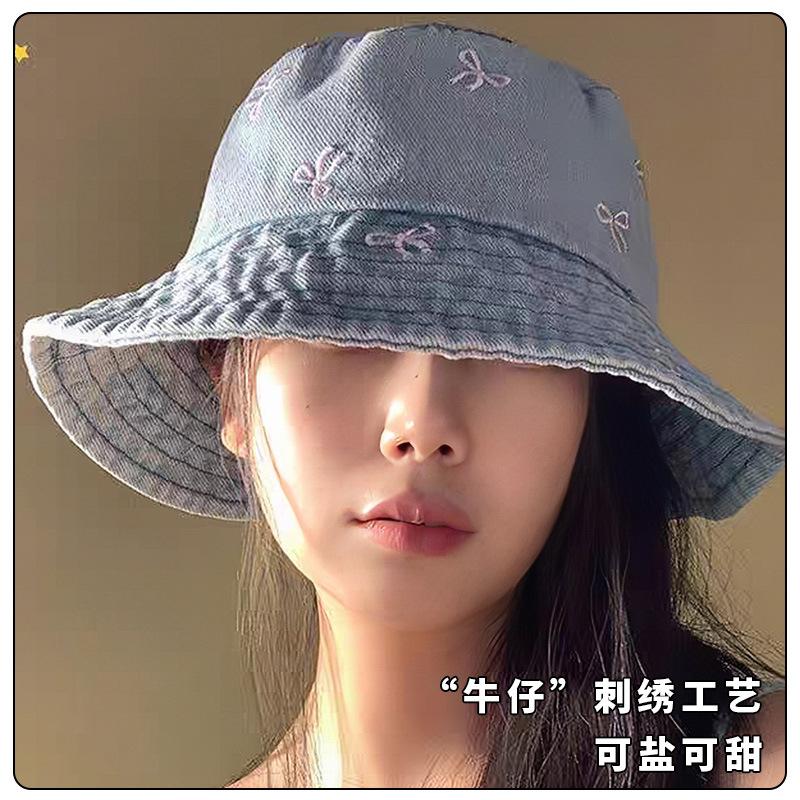 

Bow embroidered fisherman hat children s summer new outdoor sunshade sunscreen hat retro denim washbasin hat One Size