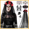 Gothic Skull Rose Veil Glove Set Halloween Day Of Dead Costume Party