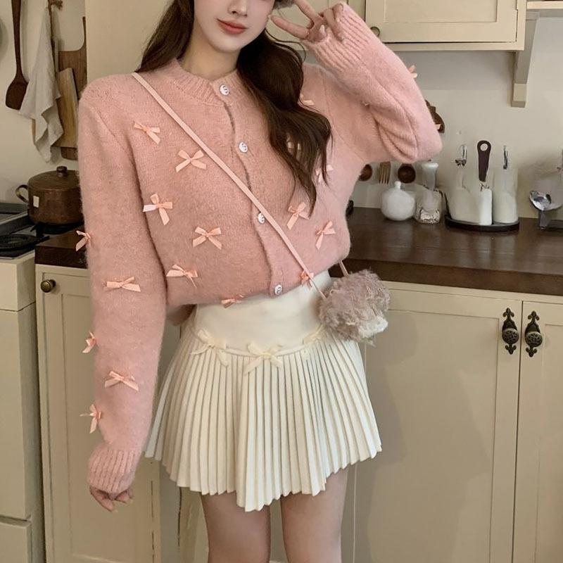 

Французский свитер с бантом, вязаный, осенне-зимний, короткий кардиган, куртка, свободный, с круглым вырезом, в иностранном стиле, модный, мягкий, восковой, свитера для женщин One Size