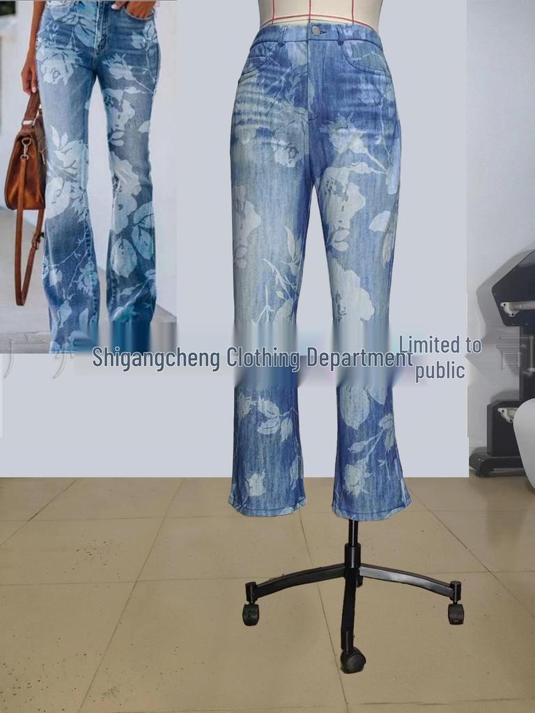 2023 Plus Size European & American Butterfly Faux Denim Micro-flare Pants