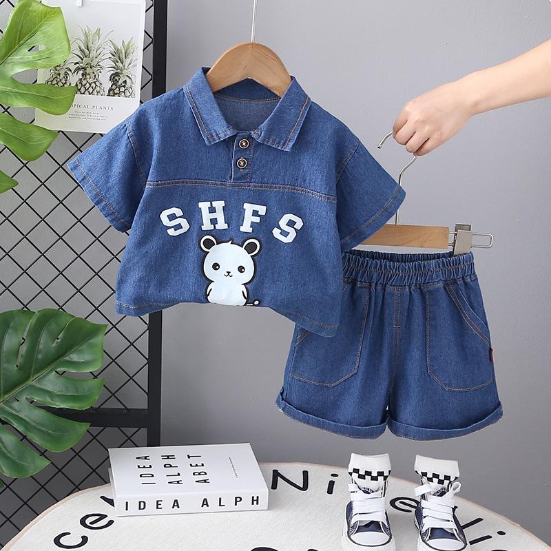 2025 Boys' Korean Style Denim Bear Short Sleeve Two-Piece Summer Set