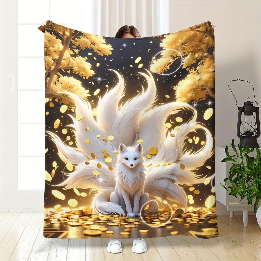 Enchanted Fox Blanket - Soft Throw with Golden Leaves, Sparkling Design, Perfect for Bedroom Decor, Unique Fantasy Gift
