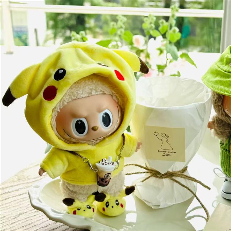 15 17Cm For Labubu Doll Cartoon Cute Pikachu Outfit Clothes Shoes Set Kpop Kawaii Clothing Standing Posture Doll Accessories