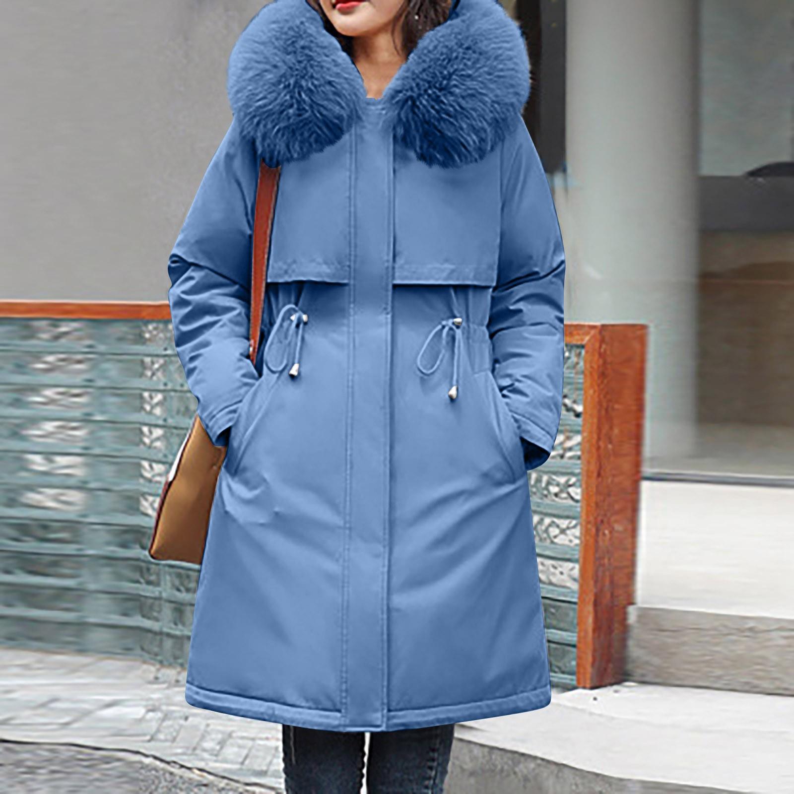 

Женская модная повседневная однотонная хлопковая куртка с капюшоном и плюшевой застежкой-молнией и пуговицами средней длины с длинными рукавами XXL синий