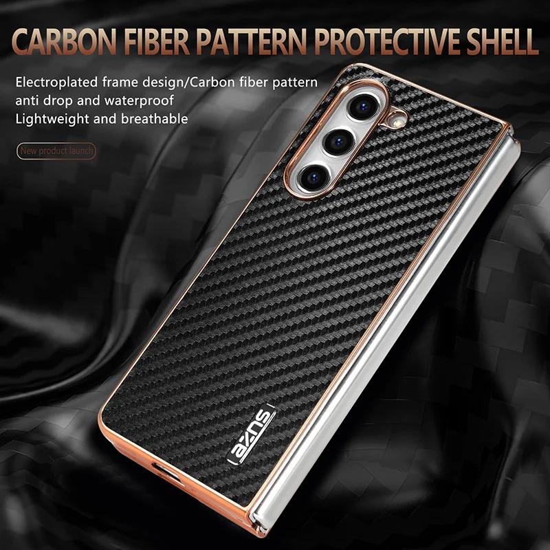 Capa com Padrão de Fibra de Carbono para Z Fold7 Fold 6 para Samsung Galaxy Z Fold 7 6 5 4 3 5G Moldura Galvanizada Capa Traseira para Celular Etui
