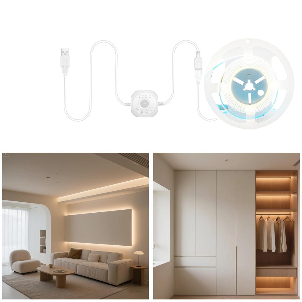 Clearhill Motion Sensor COB LED 5V USB Strip Daylight White Lighting 4 Timer Off 320 8mm for DIY Lighting in Supply Sold Light, 3M, 6500K, Day/Night