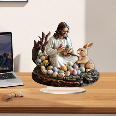 Easter Bunny Ornament 2D Flat Acrylic Table Decoration Jesus And Rabbit Colored Eggs Ornament with Base for Home Easter Party Decor