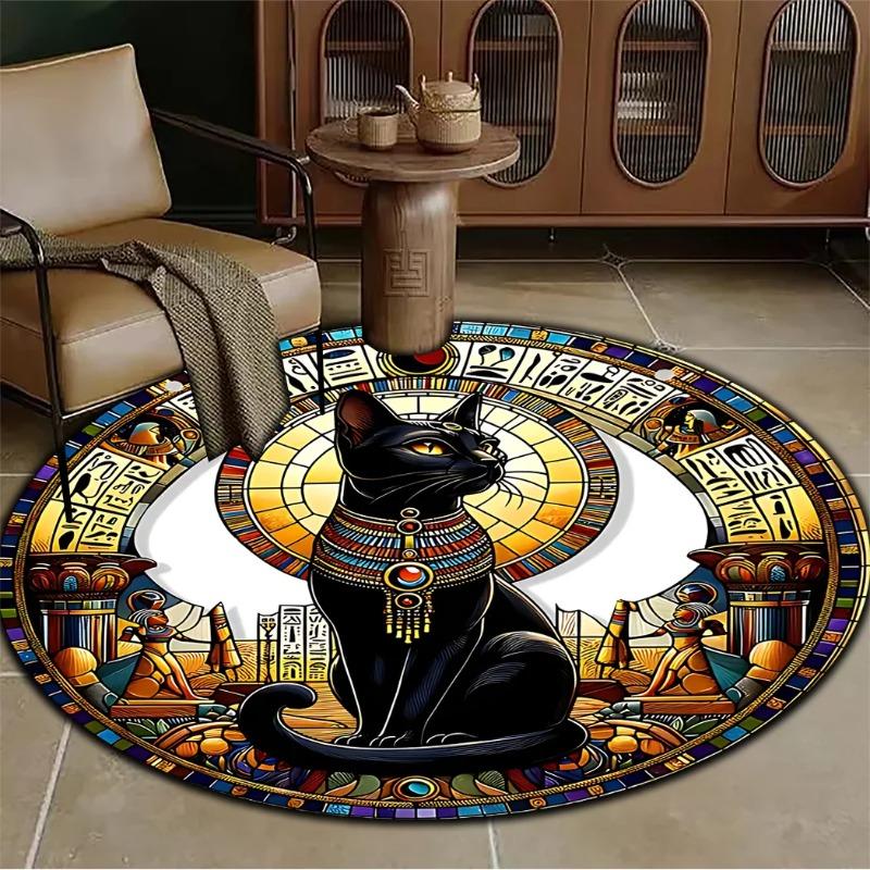 A Round, Easy-To-Clean Area Rug Featuring an Egyptian Bastet Cat Design, Suitable for Living Spaces, Bedrooms, Living Rooms, Kit