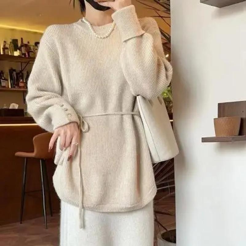 Women Lazy Style Belted Sweater Spring Autumn Fashion Loose Waist Slimming Knitwear Long Top