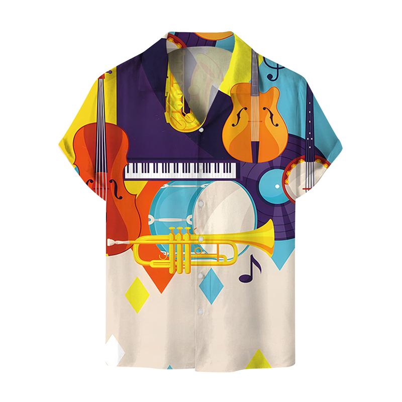 Summer New Music Guitar Print Rock Hip-hop Top Men's Quick Drying Short Sleeved Beach Shirt