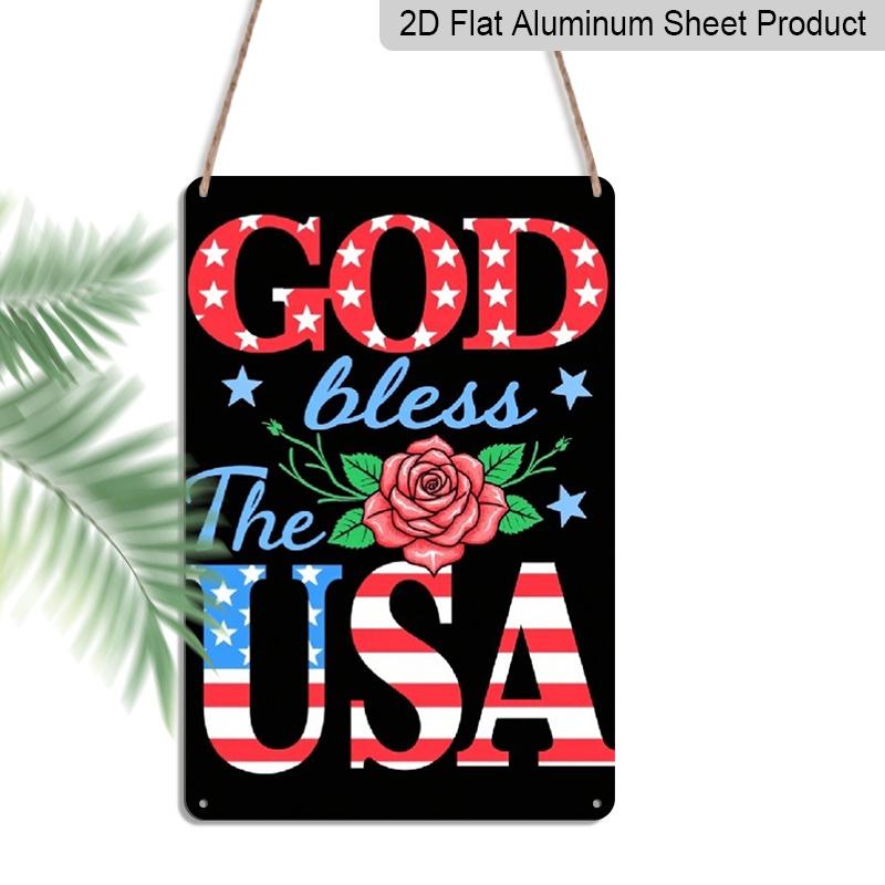 2D Flat, Decorative Sign & Plaque, Metal Sign, Retro Sign for Wall Decor, Funny Signs, 'God Bless The USA' Patriotic Wall Art Plaque with American