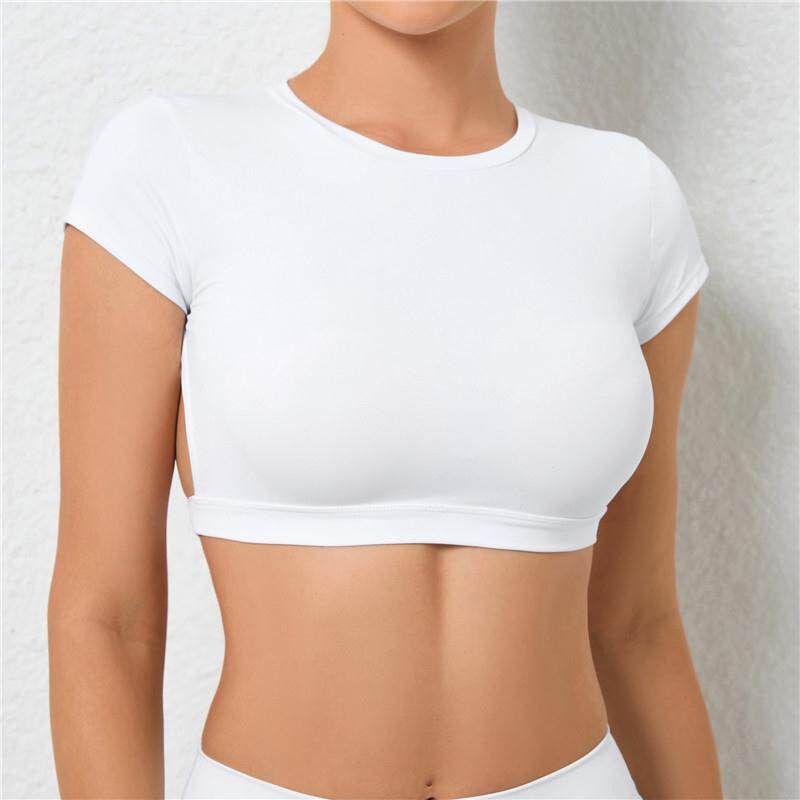 

With Chest Pad Fashion Bare Back Super Beautiful Sports T-shirt Women s High Elastic Sexy Quick-Drying Workout Clothes Yoga Sports Short Sleeve White S