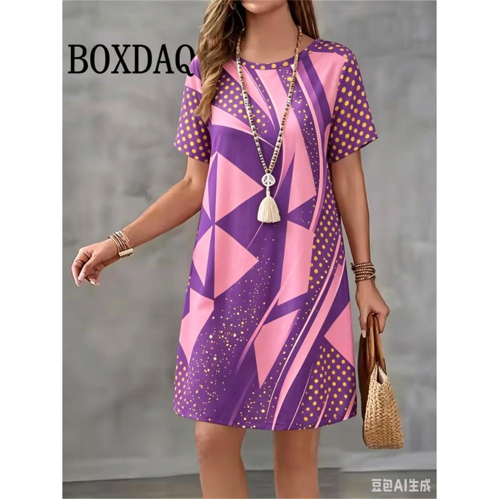 Summer New Round Neck Short Sleeved Abstract Design Printed Loose and Fashionable Women's Dress