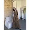 Temperament brown kinked sleeveless vest dress women's summer design long dress v-neck waist thin a-word skirt
