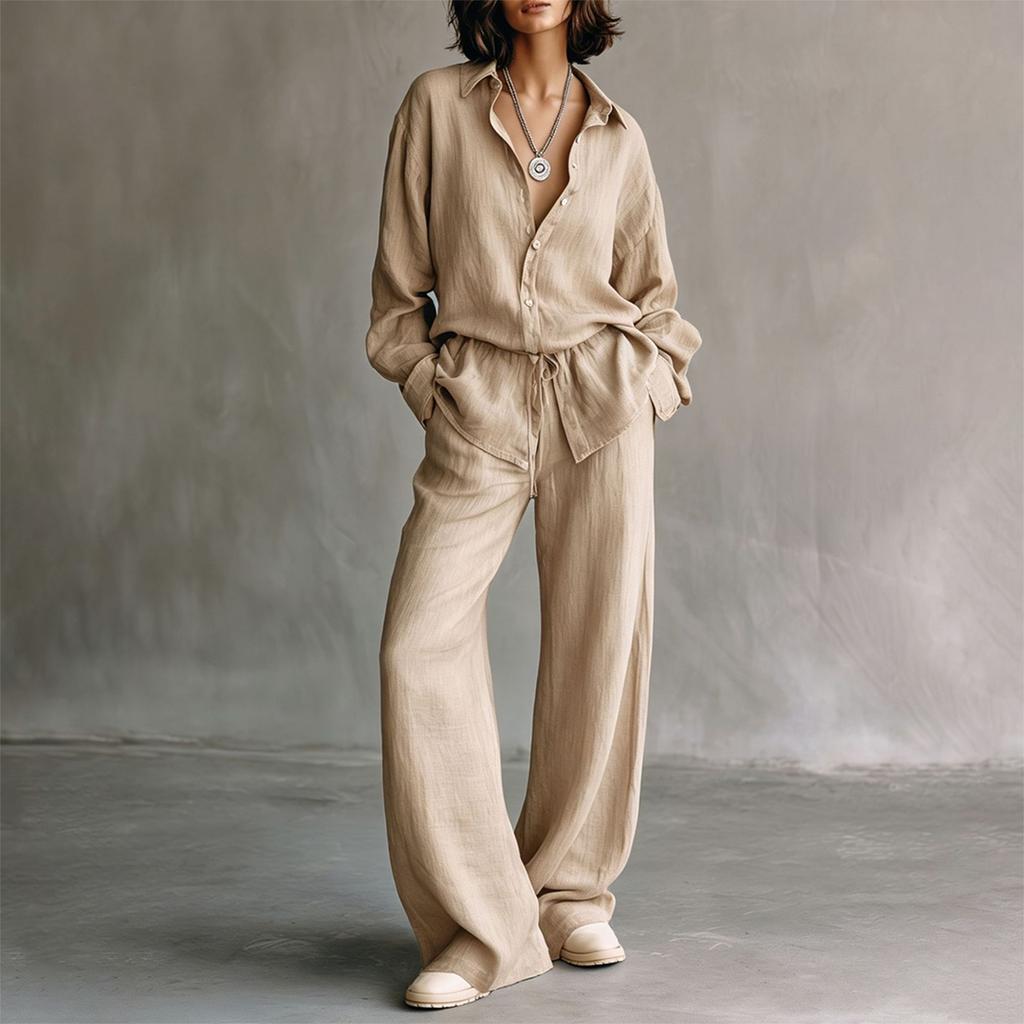 Ensemble deux pièces d'été coloré pour femme avec chemisier à col à revers à manches longues et pantalon large