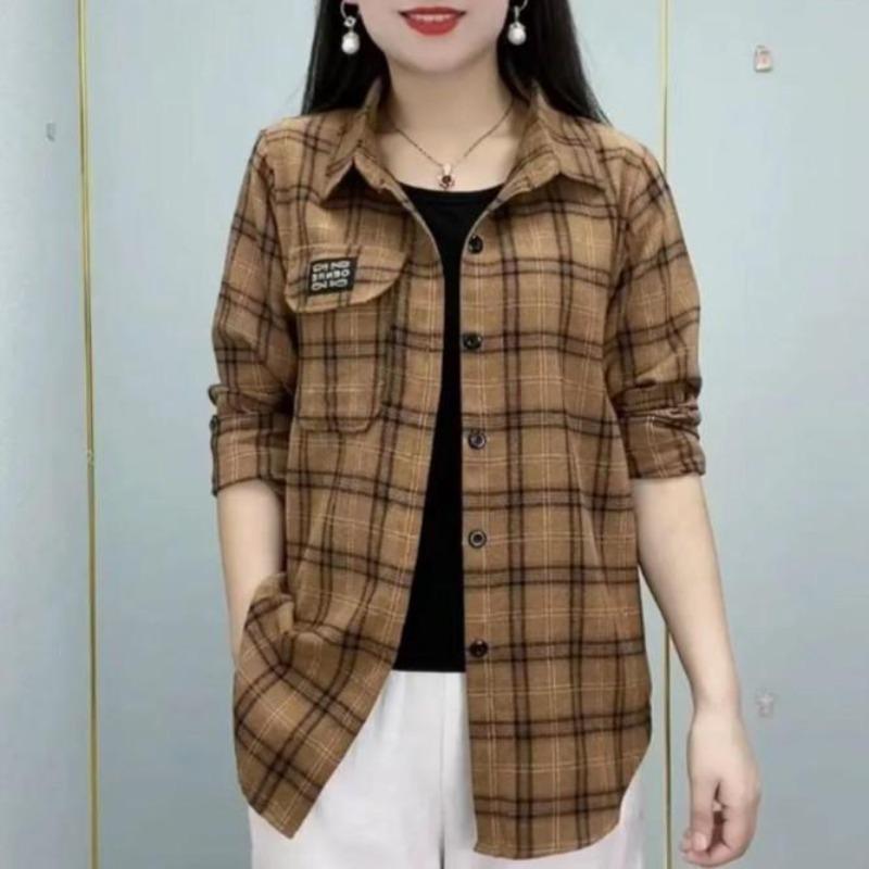 Checkered Long Sleeve Cotton Shirt for Women Fashionable Middle-aged Mother Spring Summer Trendy Casual Shirts Top