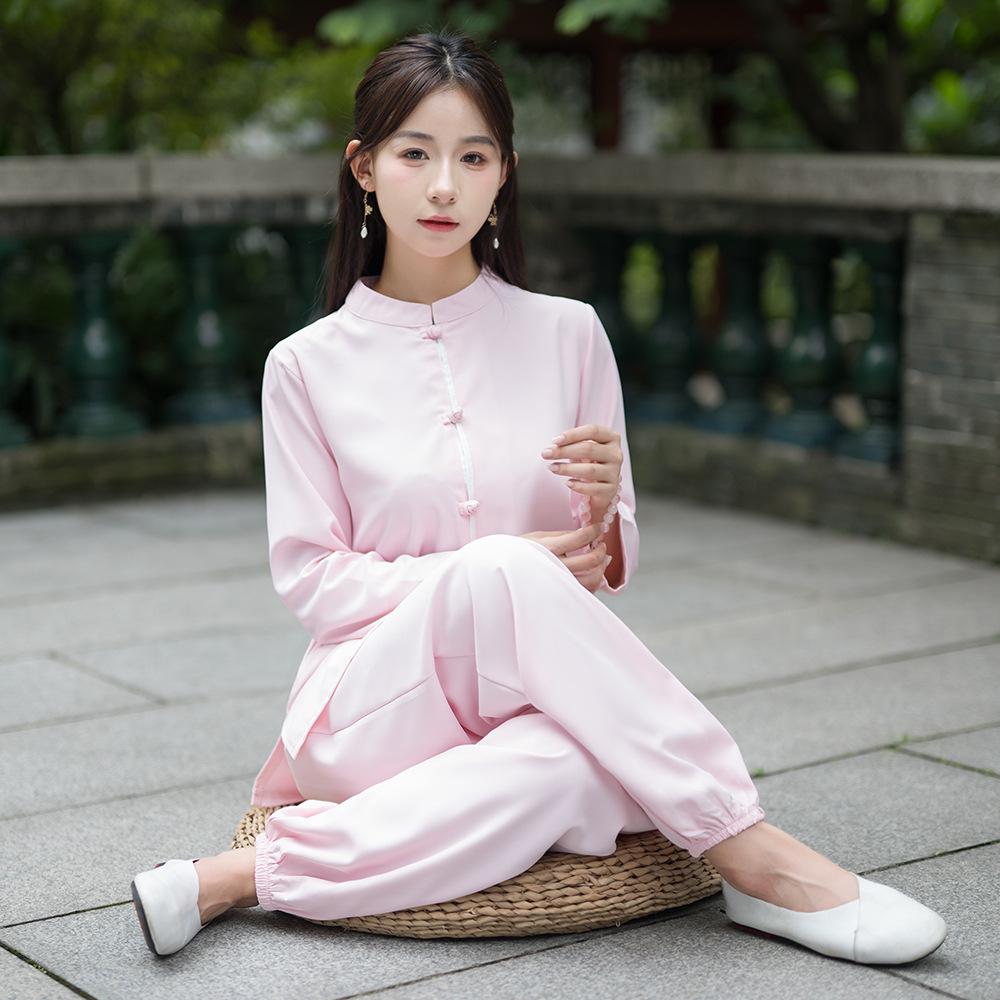 

Новый костюм в китайском стиле для тай-чи и йоги - Весенне-осенний комплект-двойка для практики дзен и утренней зарядки M розовый