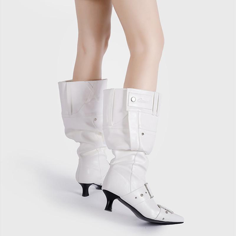 Fashion Pointed Toe Belt Buckle Metal Rivet Women Knee High Boots Autumn Winter Patent Leather High Heels Boots Shoes