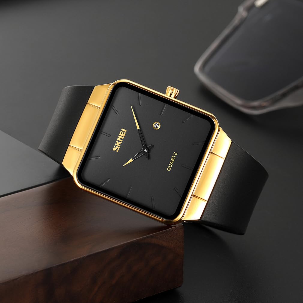 Square Watch Men Leather Strap Black Simple Slim Stylish Wristwatch Gentleman Waterproof Business Casual Male Gift Gold Black