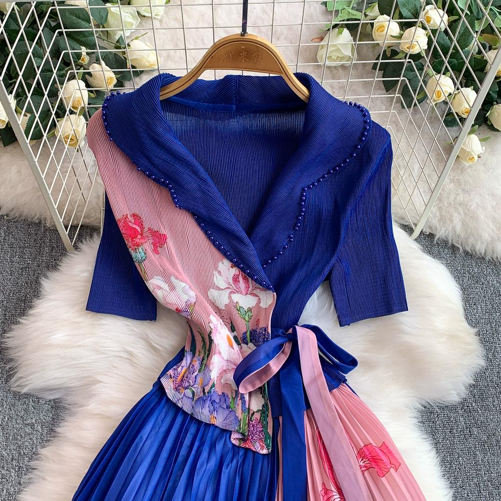 Summer Women Casual Plus Size Miyake Folds Print Beading Lace-up Oversize Loose Long Maxi Pleated Dresses