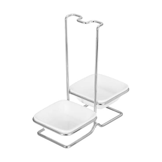 Uxcell Stainless Steel Upright Spoon Rest Holder Set with 2 Square Ceramic Bowls, Portable Vertical Spoon Rest for Home Kitchen Restaurant Counter,
