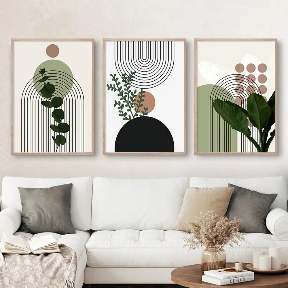 Bohemian Light Frameless Canvas Painting Simple Green Leaves Plant Poster Simple Lines Bedroom Decorative Wall Art