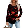 Women's Casual Long Sleeve T Shirt Pleated Round Neck Halloween Pumpkin Print Top Lightweight Comfortable Fit