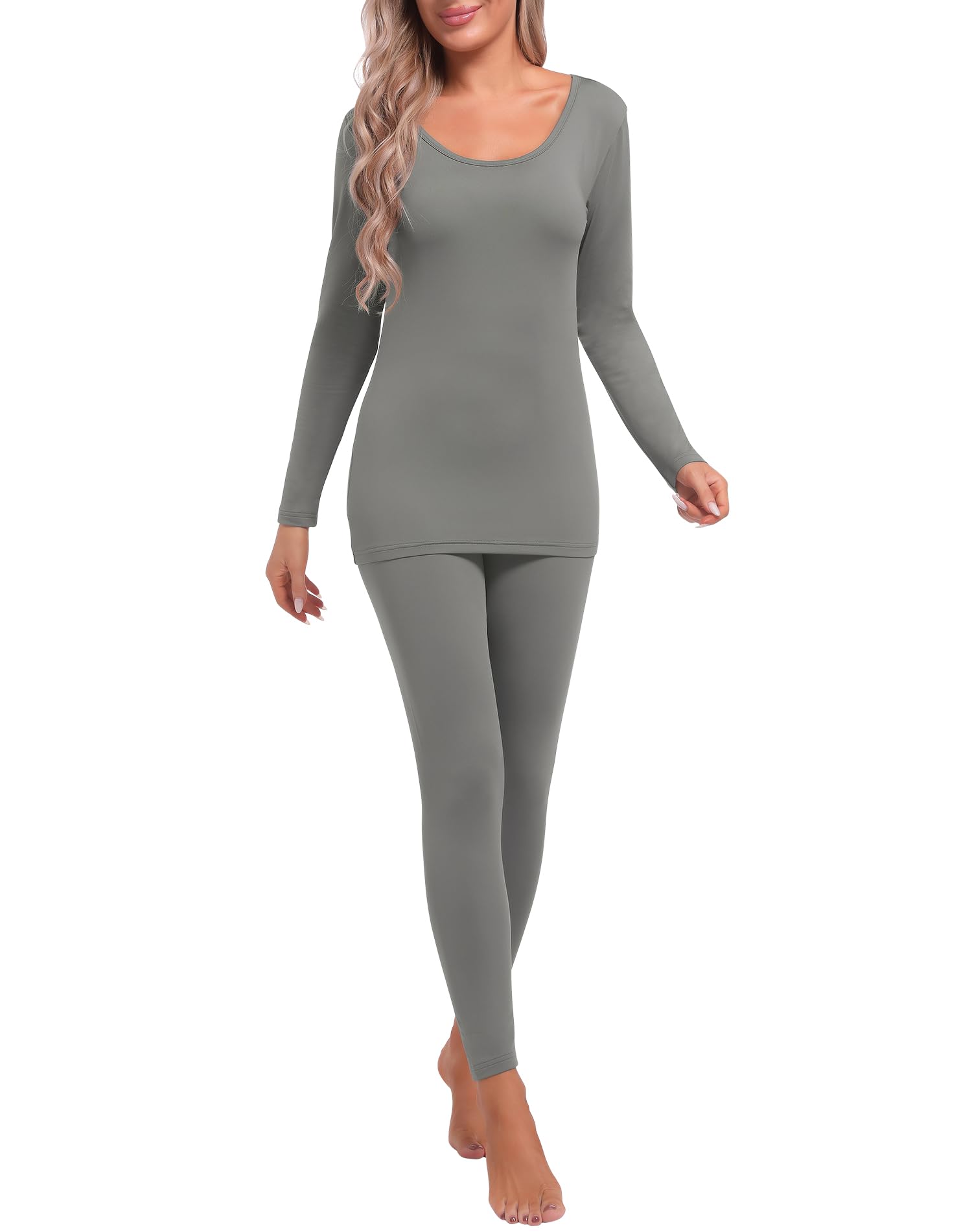 

INNERSY Heattech Теплое термобелье Топ и рубашка с длинным рукавом и и Идеально для осени и Размеры Женский комплект, низ, леггинсы на флисовой подкладке, серый
