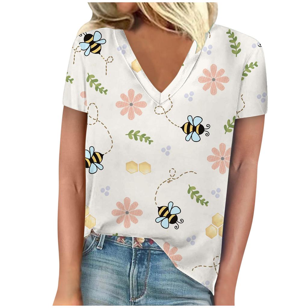 vintage women bee print t shirt short sleeve v neck tops comfortable t-shirts