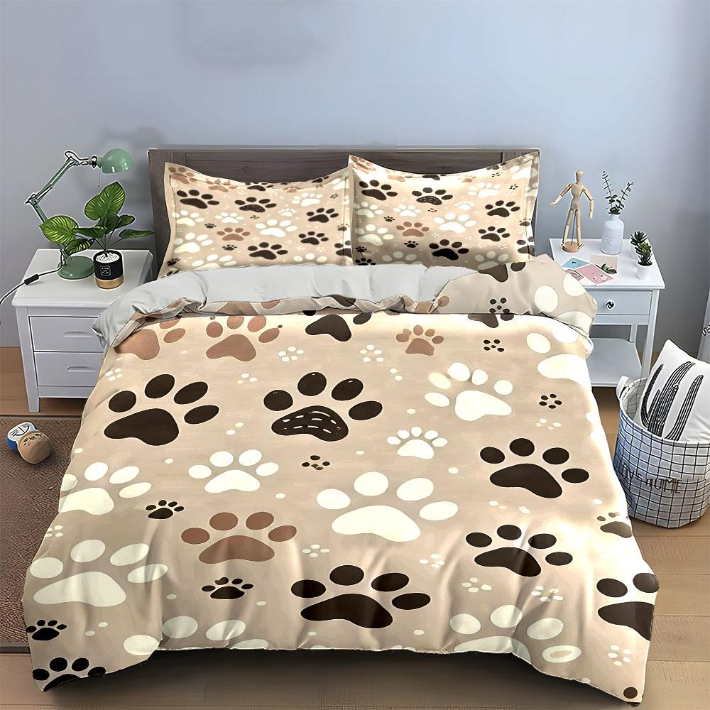 Paw Print Beige Bedding Set Bedding Duvet Cover Set Duvet Cover Pillowcases  (1 * Duvet Cover 2 * Pillowcases, Without Duvet Insert)