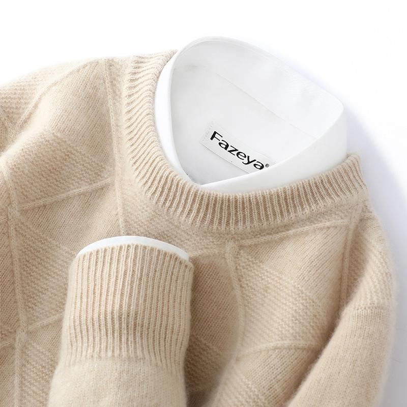 

Men s 100% Wool Diamond Plaid Jacquard Sweater - Round Neck, Thickened Long Sleeve for Autumn and Winter. Large бежевий/зелений