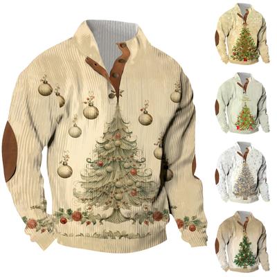 Ανδρικό φούτερ με όρθιο γιακά και χριστουγεννιάτικο τύπωμα, 3 κουμπιά, με κουκούλα για υπαίθριες δραστηριότητες και αγκράφα