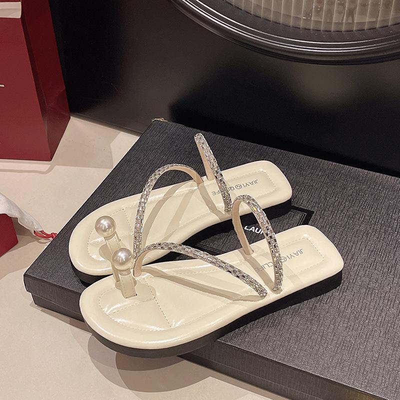 Pearl Toe Slippers Women's Summer New Flat-bottomed Toe Beach Sandals Soft-soled Non-slip Sandals