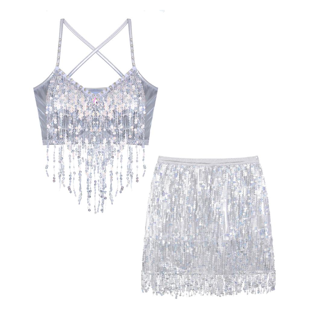 TZQFROCE Pailletten Rock Mit Quasten - Glitzer Bauchtanz Rock Für Frauen & Mädchen | Rot