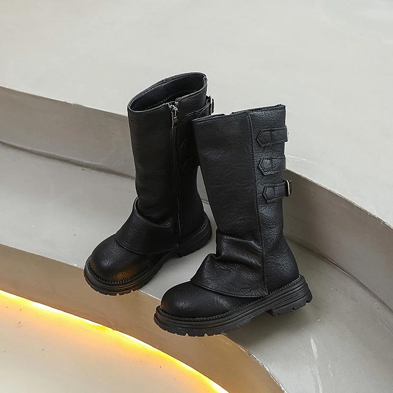 Autumn Toddlers Long Boots Black Brown Kids Causal Mid-calf Boots for Girls  Round-toe Children's Causal Platform Boots