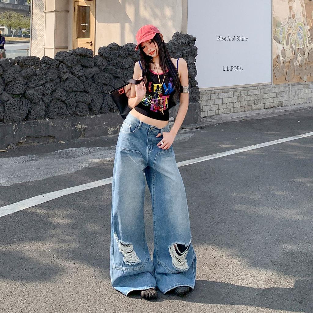 Spring Summer Sweet Street Hide Hip Lazy Ripped Wide Leg Denim Pants For Ladies Casual Pants Oversize Denim Trousers