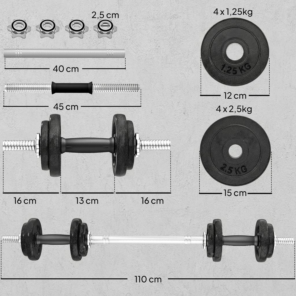 Dumbbell Set 2-in-1 Dumbbells Barbell Adjustable Up To 20 KG with Non-Slip Grip for Home Strength Training, Gray