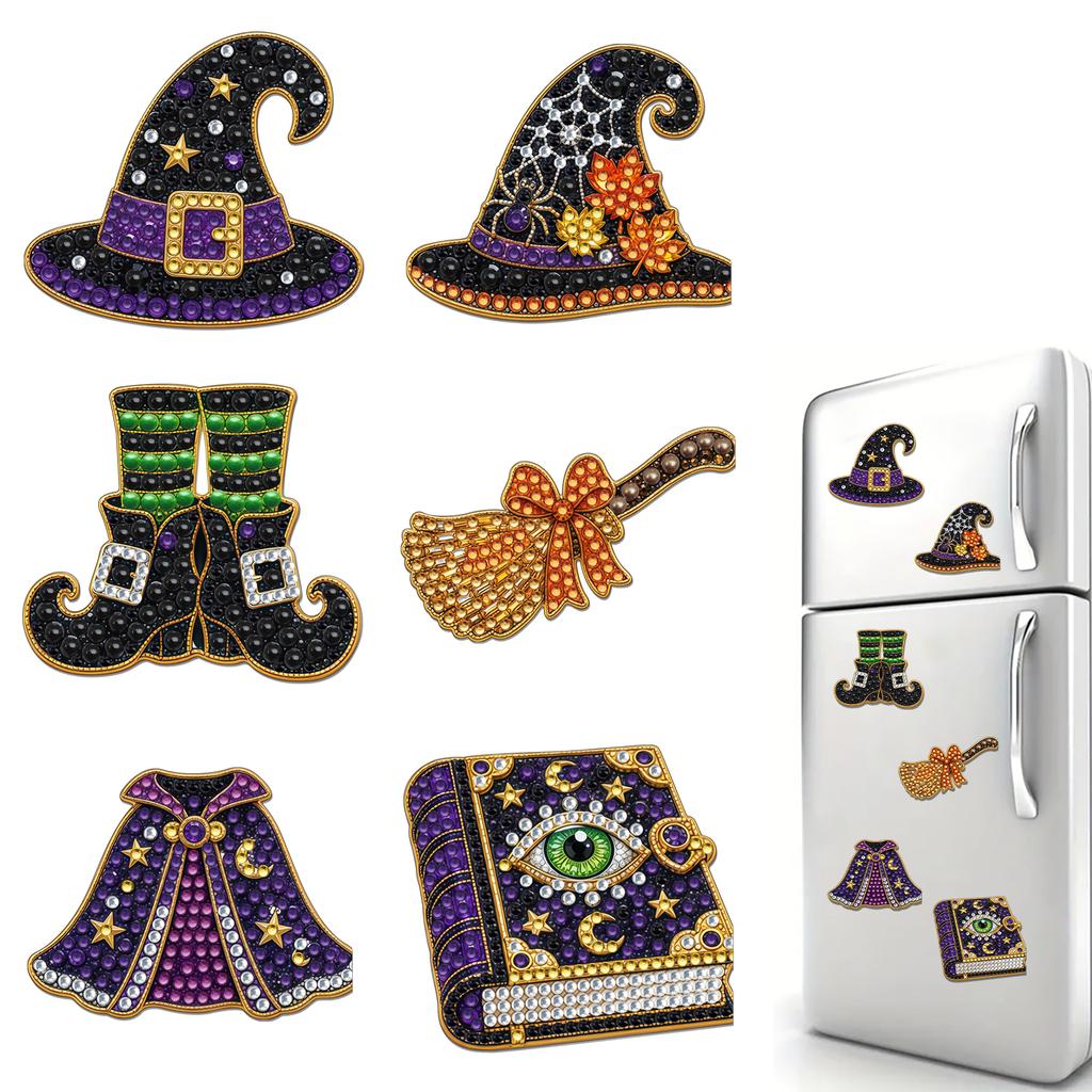 Halloween DIY Pearl Diamond Acrylic Fridge Magnets 6Pcs Painting Kit Ghost Pumpkin Witch Decor
